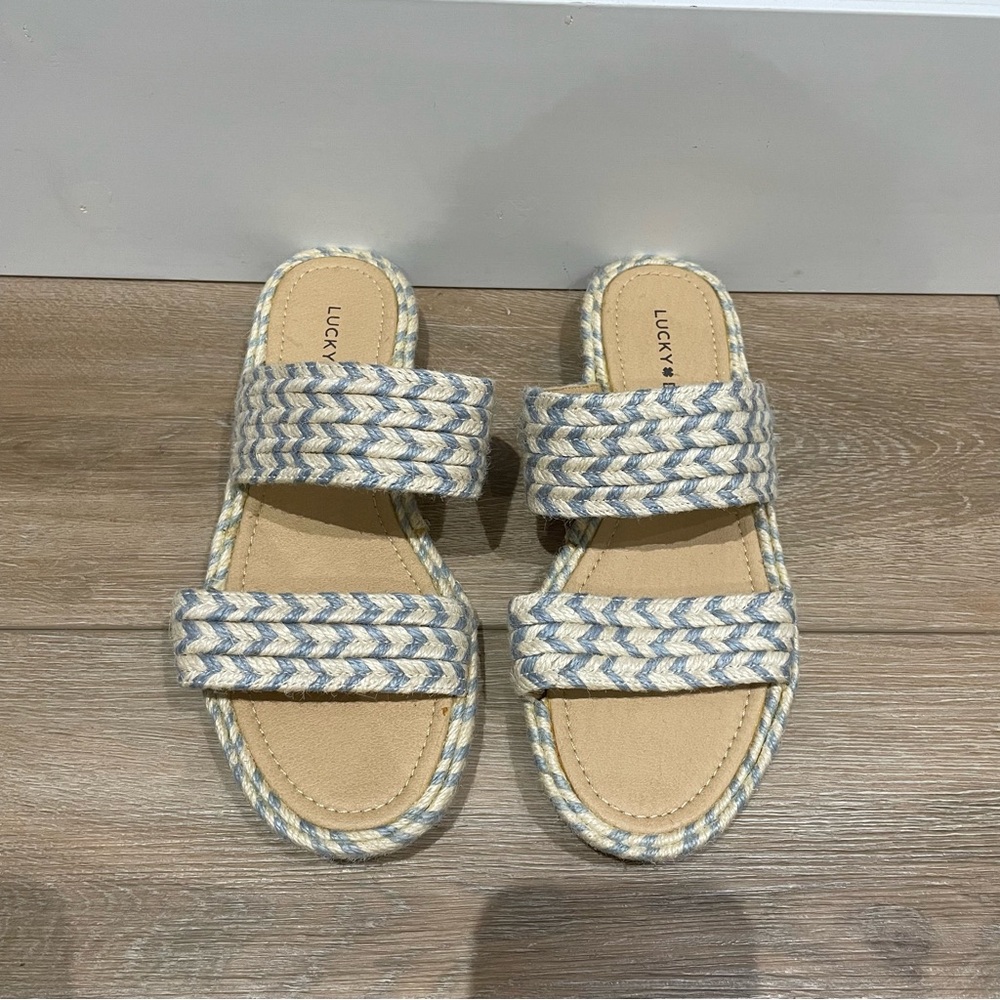 Lucky Brand Blue and Beige Woven Slides / Sandals